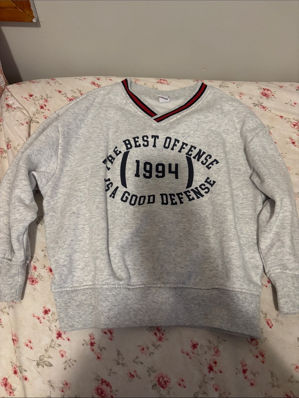Old Navy Light Gray V-Neck Pullover Sweatshirt with Navy Graphic